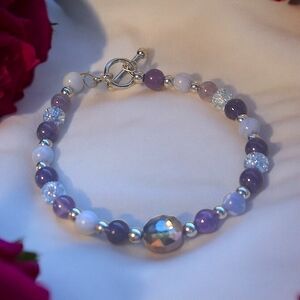 Angelite & Amethyst Bracelet | Blue Glass Beads | Faceted Multicolor Center